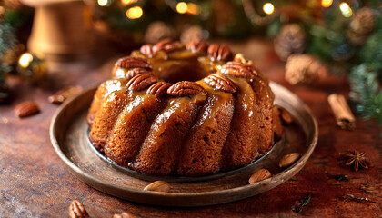 A festive Bundt Caribbean Rum Cake topped with pecans, served on a rustic plate, surrounded by holiday decorations and warm lighting. Ideal for Christmas dessert or holiday baking designs.