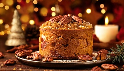 A festive Caribbean Rum Cake topped with pecans, served on a decorative plate, surrounded by holiday decor and warm lighting. Perfect for Christmas dessert or holiday baking projects.