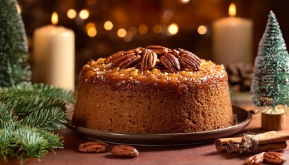 A festive Caribbean Rum Cake topped with pecans, served on a decorative plate, surrounded by holiday decor and warm lighting. Perfect for Christmas dessert or holiday baking projects.