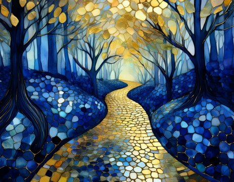 A beautiful abstract mosaic of a forest path in blues and golds, perfect for wall art, backgrounds, creative designs, and home decor. Ideal for nature-inspired projects.