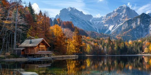 A Charming Wooden House on the Shore of a Tranquil Lake, with a Backdrop of Snow-Capped Mountains and Colorful Autumn Trees Glowing in the Sunlight.