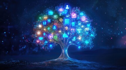 Fototapeta premium Digital Tree with Glowing Icons Representing Technology, Communication, and Innovation in a Nighttime Setting