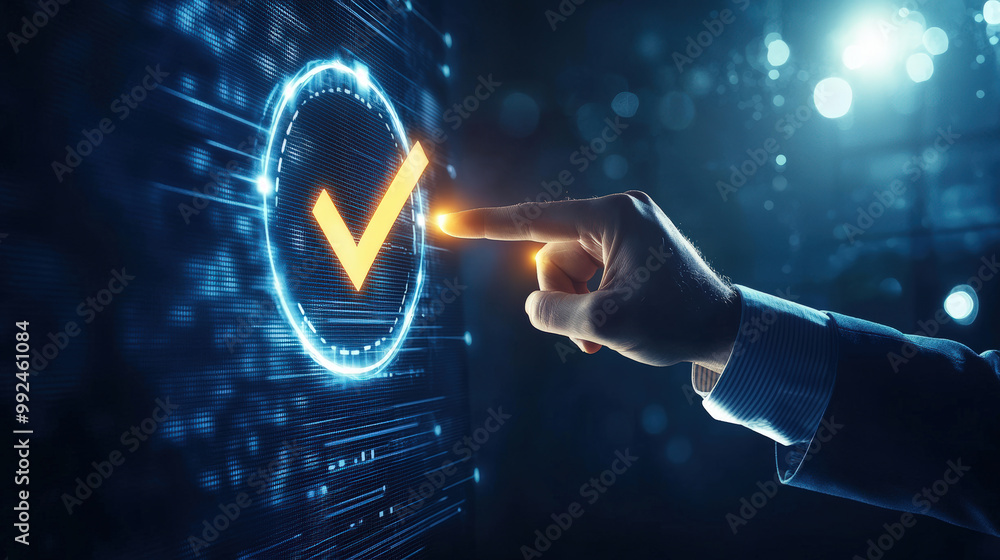 Poster businessman is touching glowing check mark on virtual interface, symbolizing success and achievement