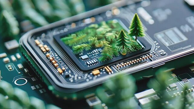 A close-up of a circuit board with a small pine tree growing inside a chip.