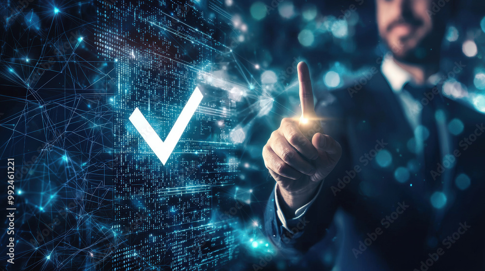 Poster businessman touching glowing check mark on virtual interface, symbolizing success and achievement in