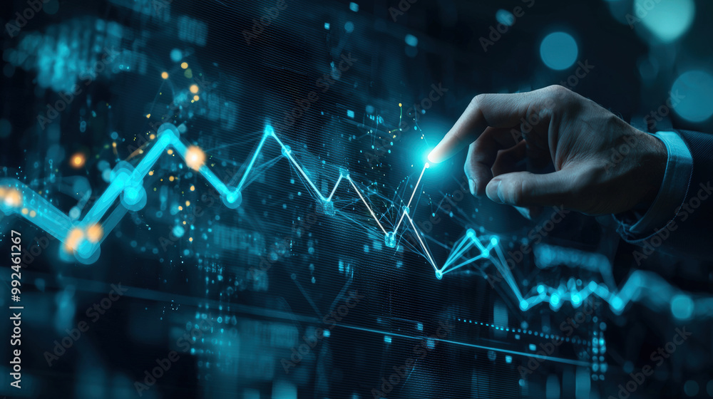 Poster businessman is interacting with glowing upward arrow on virtual screen, symbolizing growth and progr