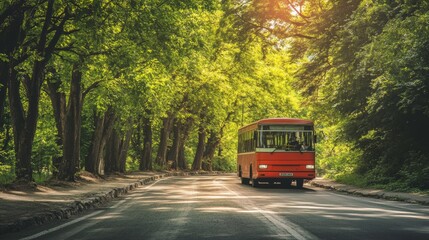 Tourist Bus on Scenic Street Surrounded by Lush Green Trees. Travel Concept