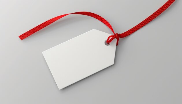 Blank white gift tag with a red ribbon on a gray background.