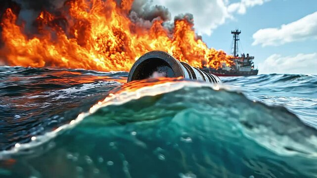 A close-up of a piece of metal debris submerged in the ocean, with a burning ship in the background.