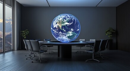 A round table with a holographic globe on it was in a conference room
