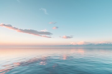 Calm, serene seascape with pastel sky and clouds reflected in the water. Minimalist and tranquil.