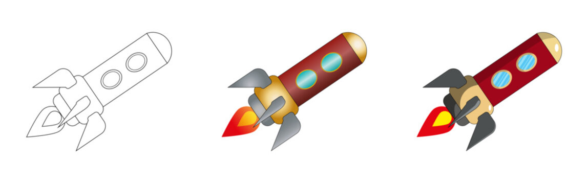 Ilustraci&oacute;n de Cohete espacial con estilo de caricatura retro. Vector con distintas versiones del mismo dibujo. 