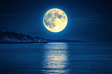 Full Moon Reflecting on Calm Ocean Waters at Night