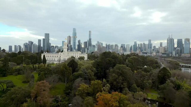 4K cinematic urban drone footage of the royal botanic garden of Melbourne and the governement house 1