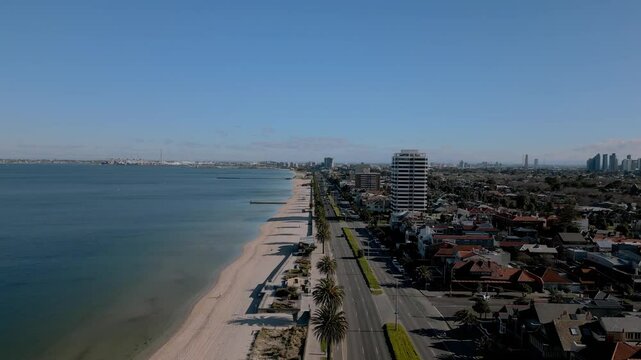 4K cinematic drone footage of Saint Kilda beach with the skyline of Melbourne