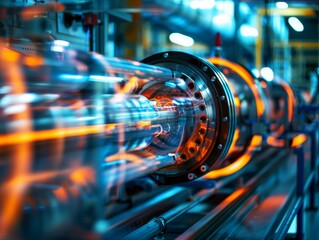 Close-up of a glowing industrial machine with intricate gears and pipes.  The image evokes a sense of power and precision.