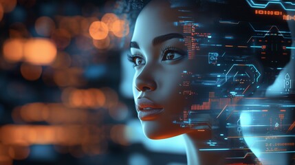HCI and Virtual Digital Human: Black African American Woman Analyzing Data in Information Technology with Augmented Reality and AI Collage, Side Profile, Copy Space, AI, Cybersecurity, Background