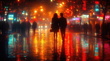 A couple walks hand in hand on a rainy street, illuminated by lights.