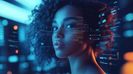 HCI and Virtual Digital Human: Black African American Woman Analyzing Data in Information Technology with Augmented Reality and AI Collage, Side Profile, Copy Space, AI, Cybersecurity, Background