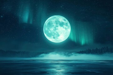 Full Moon Over a Foggy Lake and Forest Under a Starry Sky with Aurora Borealis