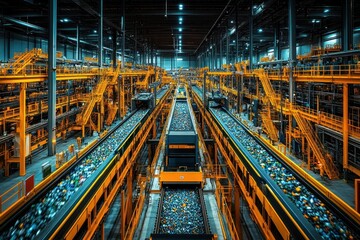 A vast industrial factory space with multiple conveyor belts carrying recycled materials.