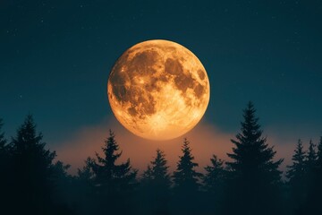 Fototapeta premium A Large Full Moon Rises Above a Silhouette of Trees in a Foggy Forest