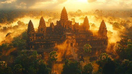 Ancient Temple at Angkor Wat in Golden Light