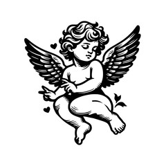 cherub line art, angel with heart, angel with wings, cupid with heart.