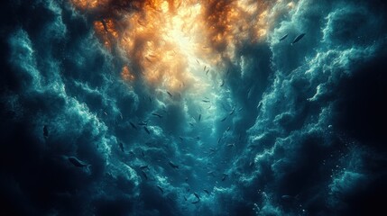 Fototapeta premium Underwater scene with swirling clouds and swimming fish.