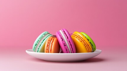 Sweet Pastel Delight: A delicate arrangement of vibrant macarons, each a burst of color and flavor, on a pristine white plate against a soft pink background. A feast for the eyes and taste buds.