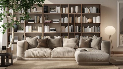 Stylish lounge interior with comfortable sofa and bookshelf AI generated image