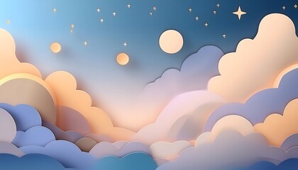 The sky background is filled with pastel fluffy clouds in a paper layer format.