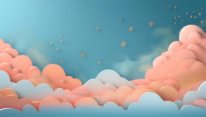 Obraz premium The sky background is filled with pastel fluffy clouds in a paper layer format.
