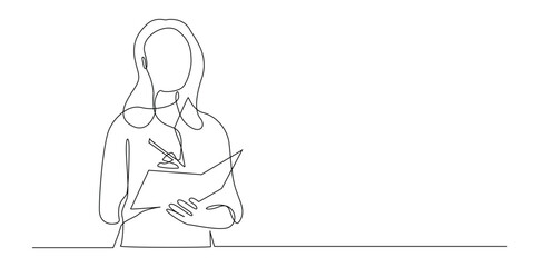 continuous line of female secretary preparing to write.one line drawing of female writer,standing and writing on paper,student,treasurer,journalist.single line vector illustration.