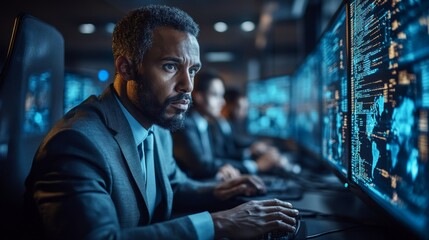 Fototapeta premium Focused Hacker Analyzing Data on Multiple Monitors
