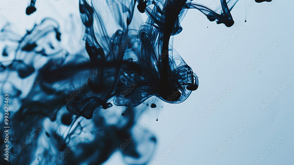 Poster blue ink swirls in water abstract art. abstract image showcasing dynamic blue ink patterns spreading