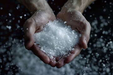 Two hands holding sea salt , closeup