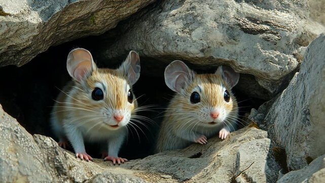 Two adorable gerbils peek out from a rocky crevice in the desert