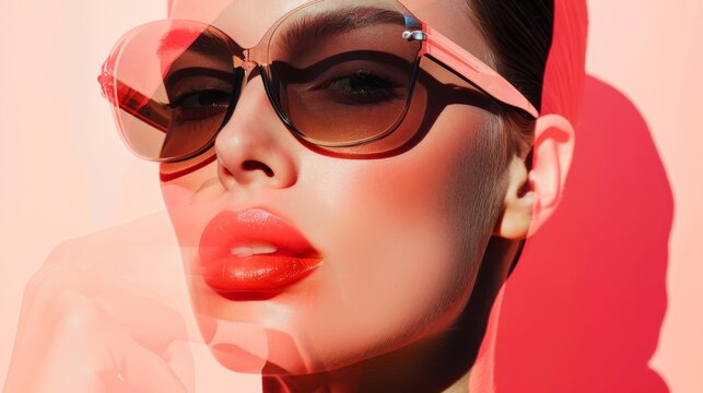 Close-up portrait of a woman wearing sunglasses with bold red lips.