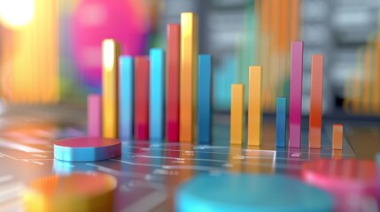 Obraz premium Colorful bar graph and pie charts on a desk, representing data and financial analysis.
