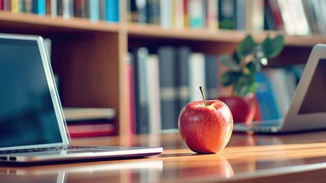 A red apple sits on a wooden desk next to a closed laptop computer with blurred bookshelf in the background.