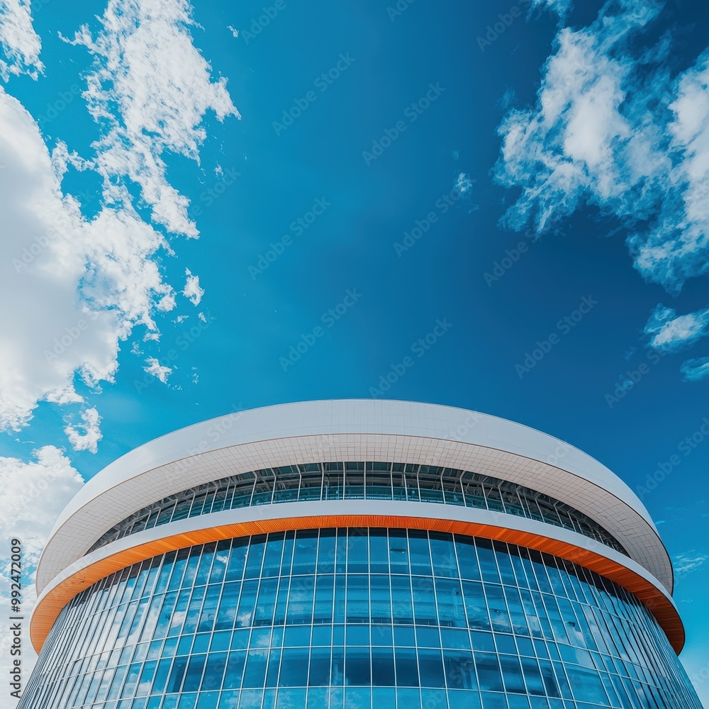 Poster low-angle shot of a modern stadium building with curved architecture
