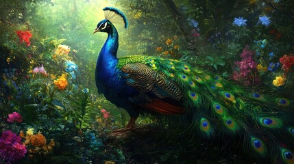 Fototapeta premium Peacock in a Lush Garden