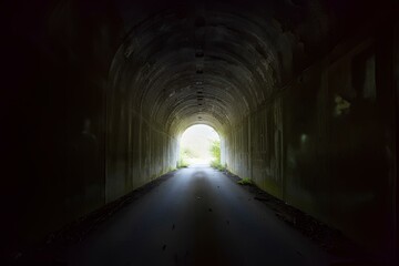 古い煉瓦造りのトンネル。暗い道の先に出口｜An old brick tunnel. Exit at the end of a dark road.