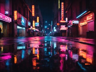 Obraz premium Multicolored neon lights on a dark city street reflection of neon light on wet road