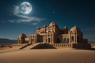 A grand, moonlit palace in the desert under a full moon, evoking mystery, history, and the majestic beauty of timeless architecture in a serene night setting.