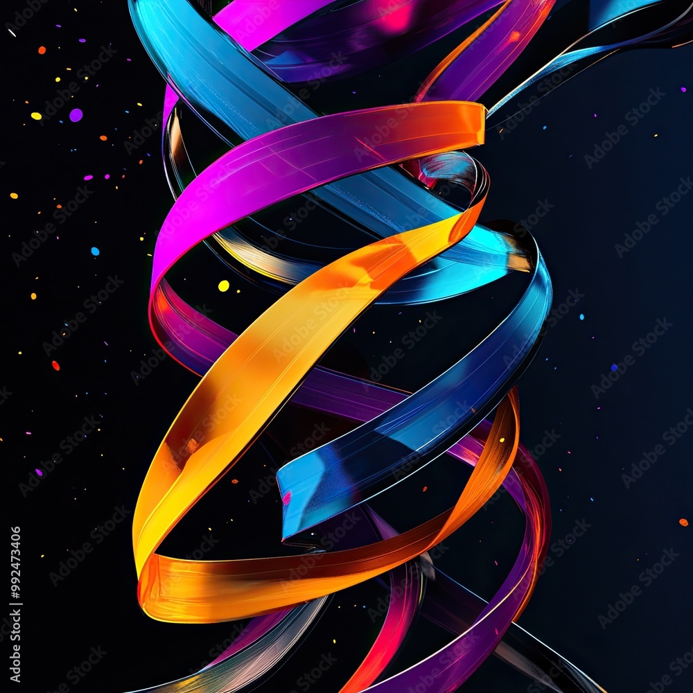 Poster colorful abstract ribbon design with vibrant swirls and a dark background, creating a dynamic and ar