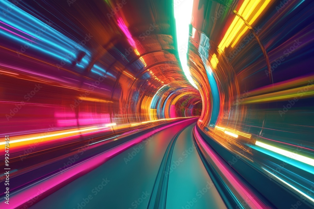 Poster a vibrant tunnel of light showcasing dynamic motion and color, creating an immersive experience of s