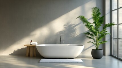 Fototapeta premium Modern Bathroom with Tub, Plant and Window