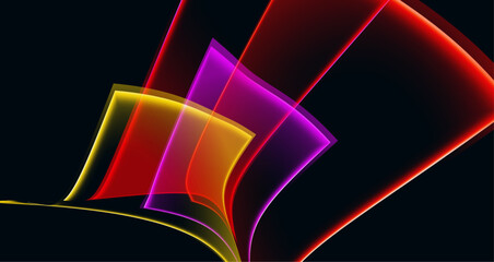 Abstract design featuring flowing curves and waves in bright colors against a deep black backdrop